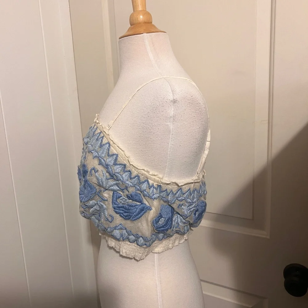 Free People Rosebud Embroidered Tank Top Blue White Coquette Fairy Festival Boho